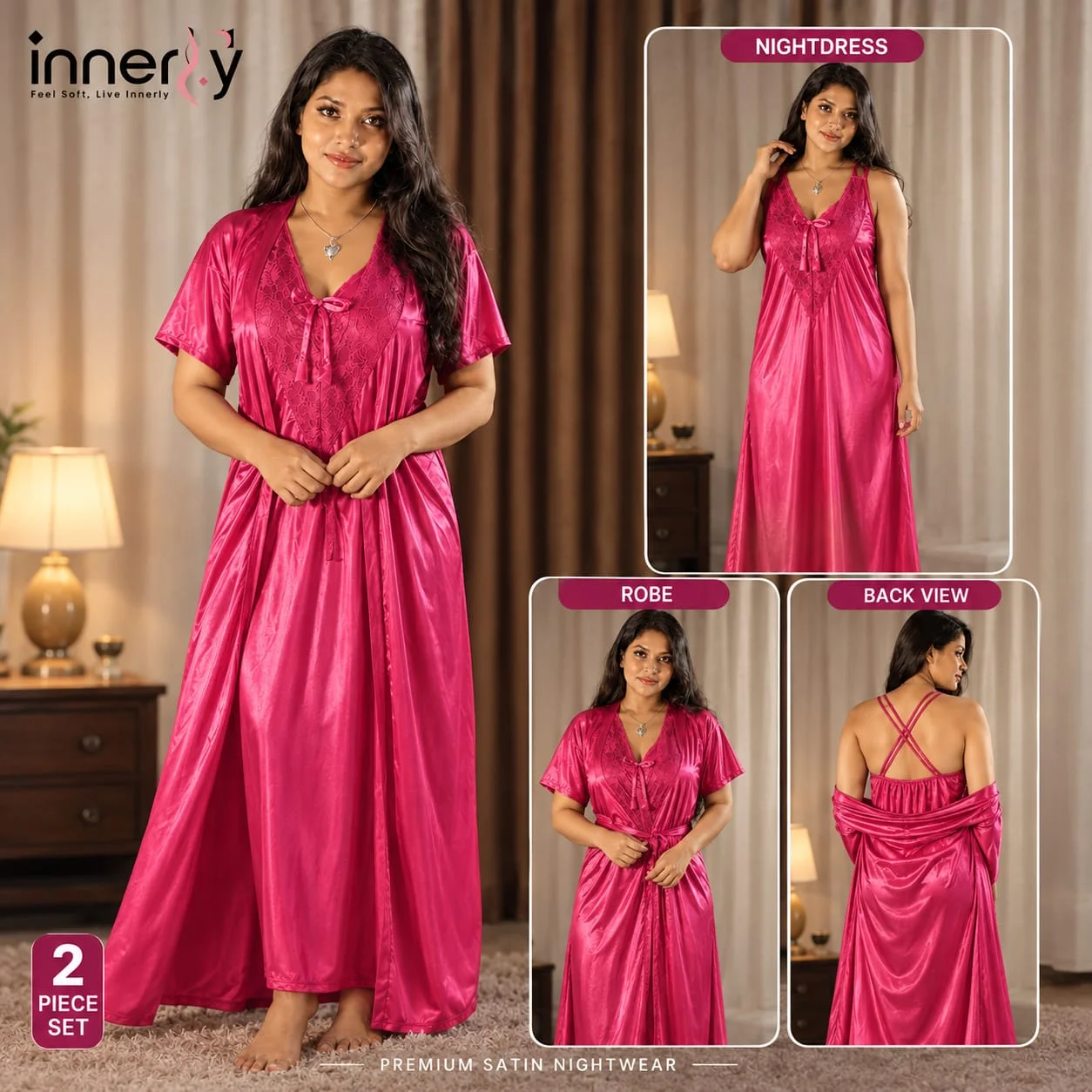 Premium 2 Part Cross-belt Nightwear - Hot Pink Color
